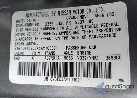 2010 Infiniti G37 Journey from USA, damaged, VIN JN1CV6EK4AM103091